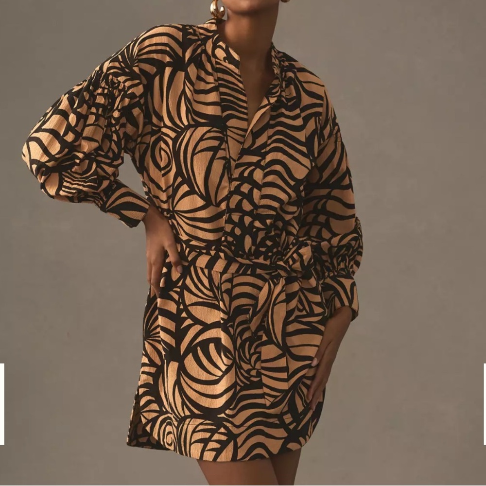 Anthropologie Black and Tan Printed Mini Dress